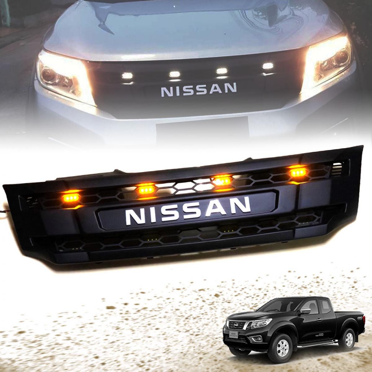 Front Grille Matte Black White Logo Amber LED For Nissan Navara NP300 D23 14-19