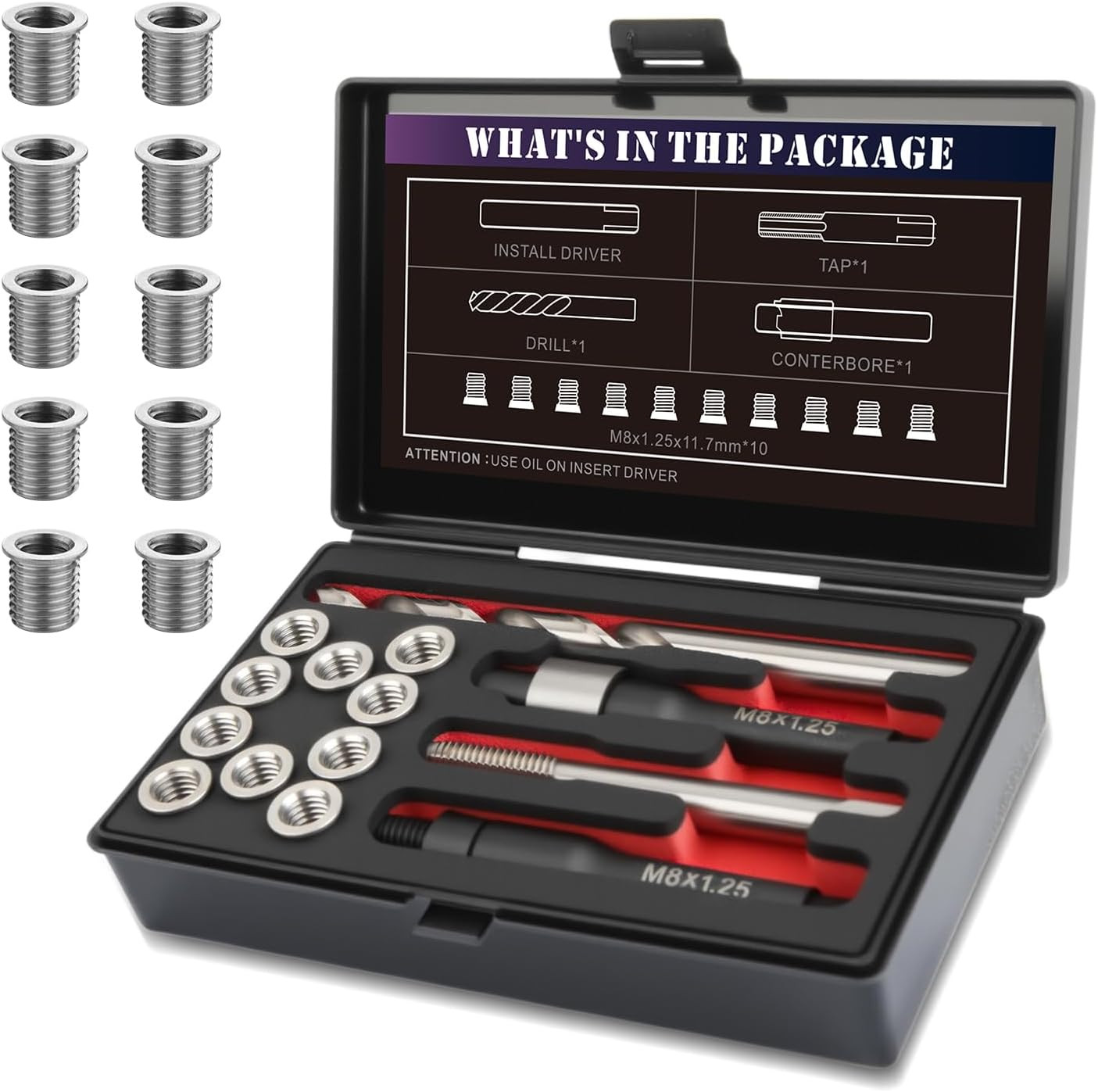 M8x1.25 Thread Repair Kit HSS Drill Tap 10pc Stainless Steel Insert US