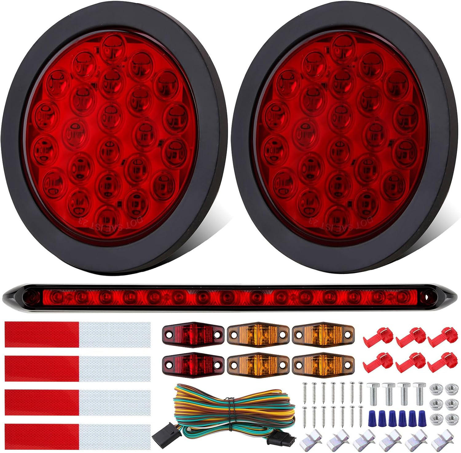 4″ Round LED Trailer Tail Lights Kit 3RD Brake Bar Marker 25ft Harness US