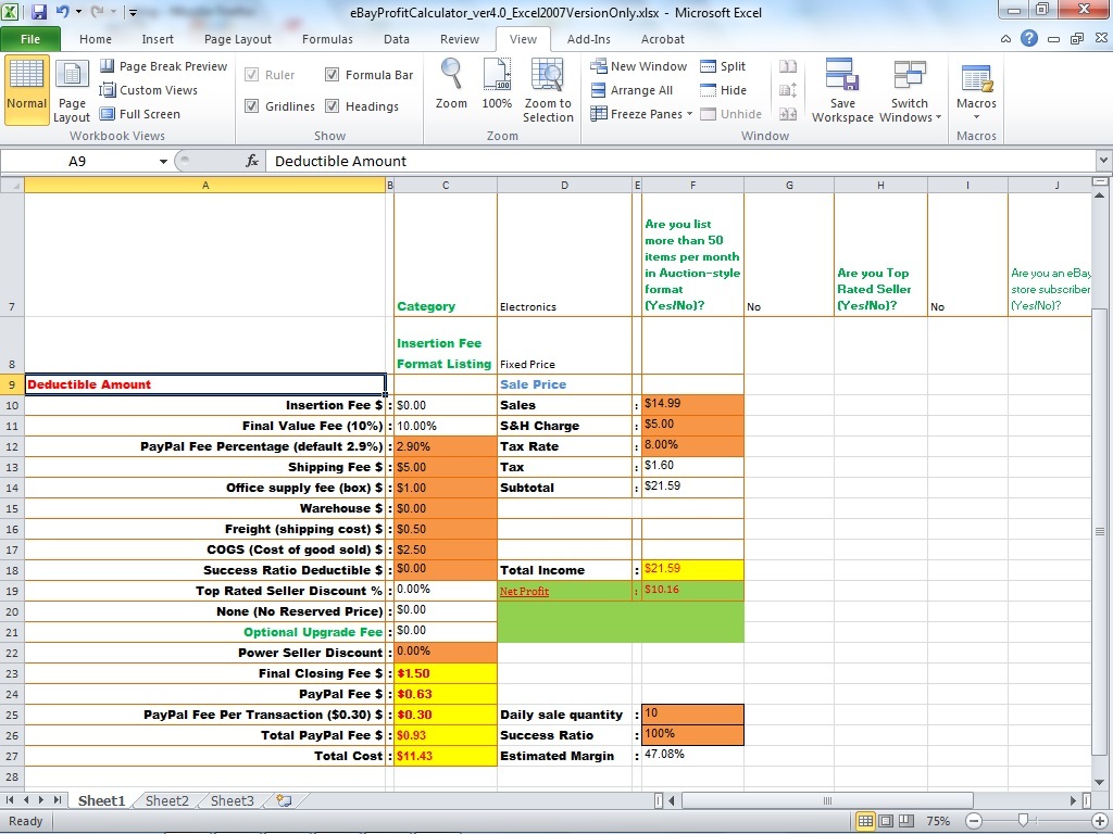 eBay PayPal Fee Profit Calculator Selling Tool Excel