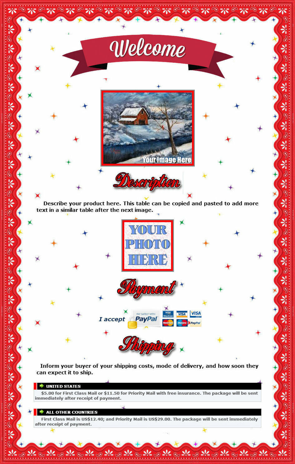 AUCTION TEMPLATE Wavy Red Border Design With Stars – FREE Shipping