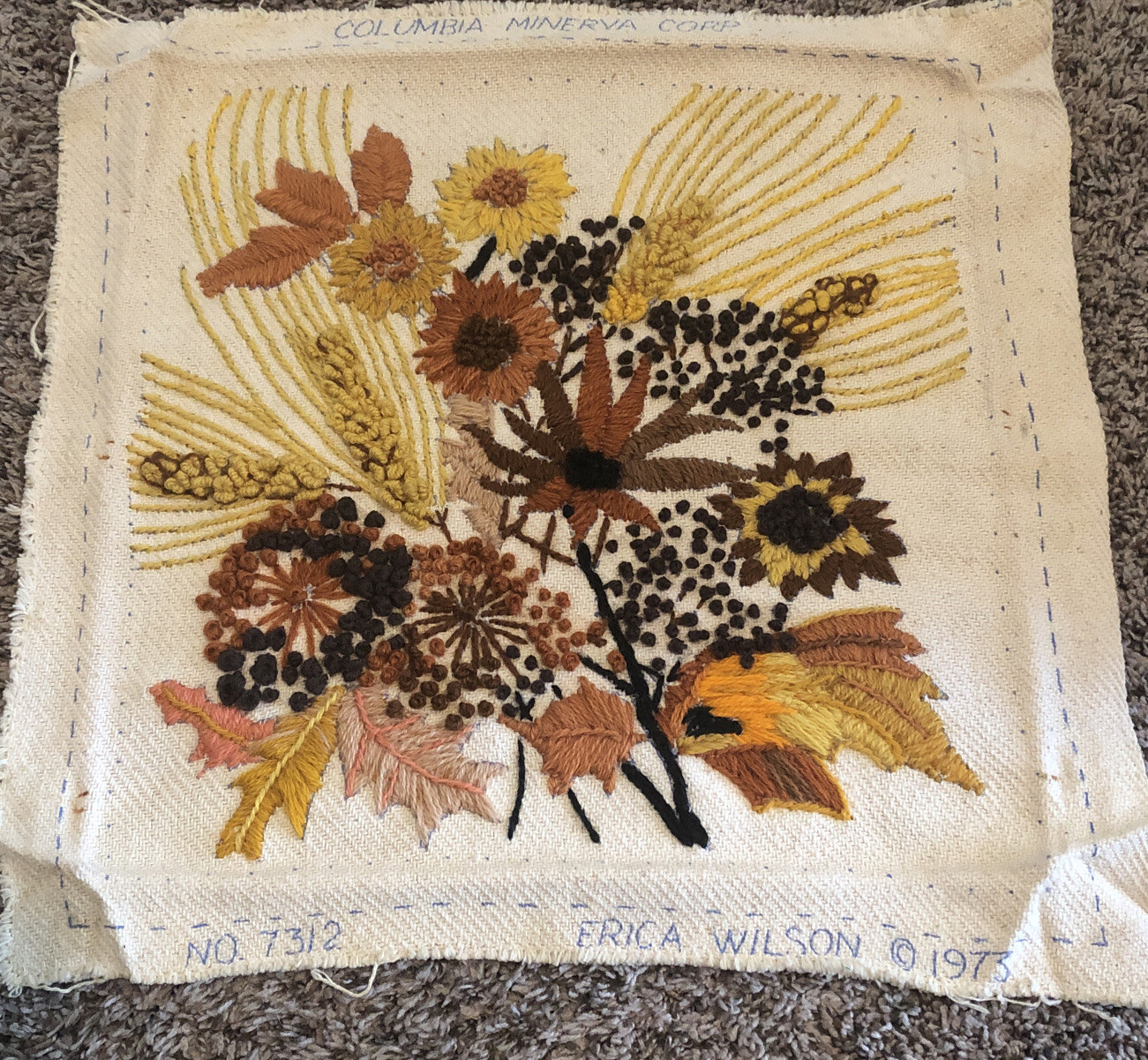 Erica Wilson Crewel Wheat & Flowers Completed Pillow 7312 1973 15”
