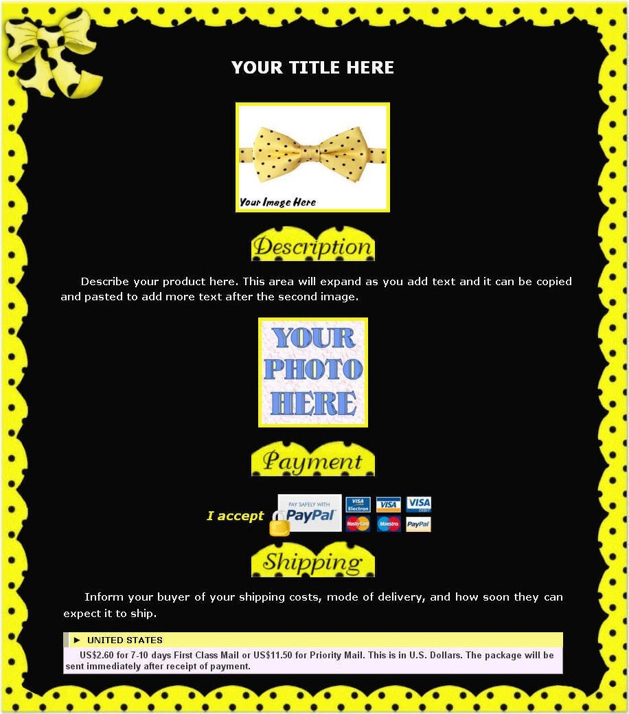 AUCTION TEMPLATE Polka Dots Yellow Design Border – FREE Email SHIPPING