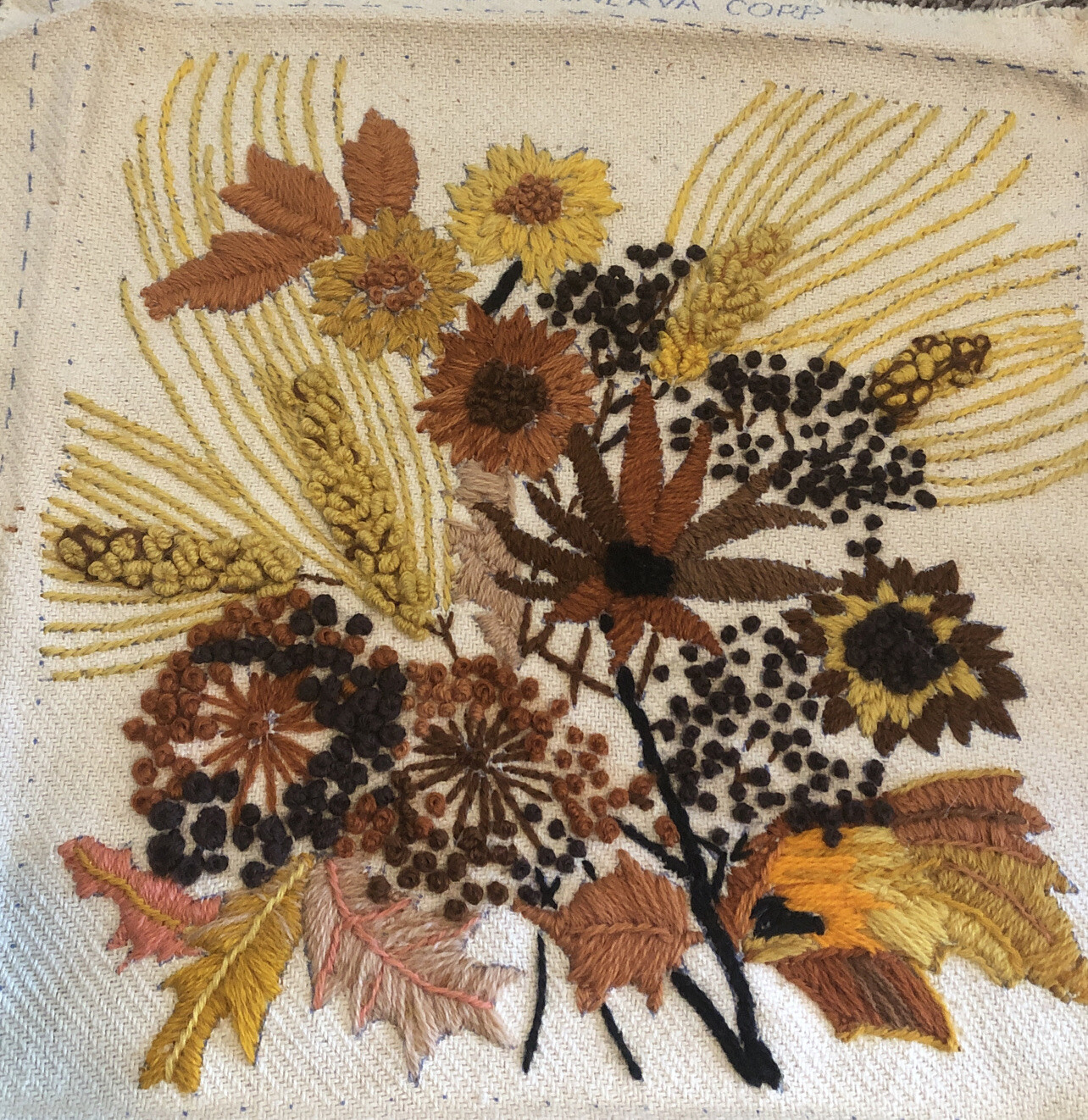 Erica Wilson Crewel Wheat & Flowers Completed Pillow 7312 1973 15”