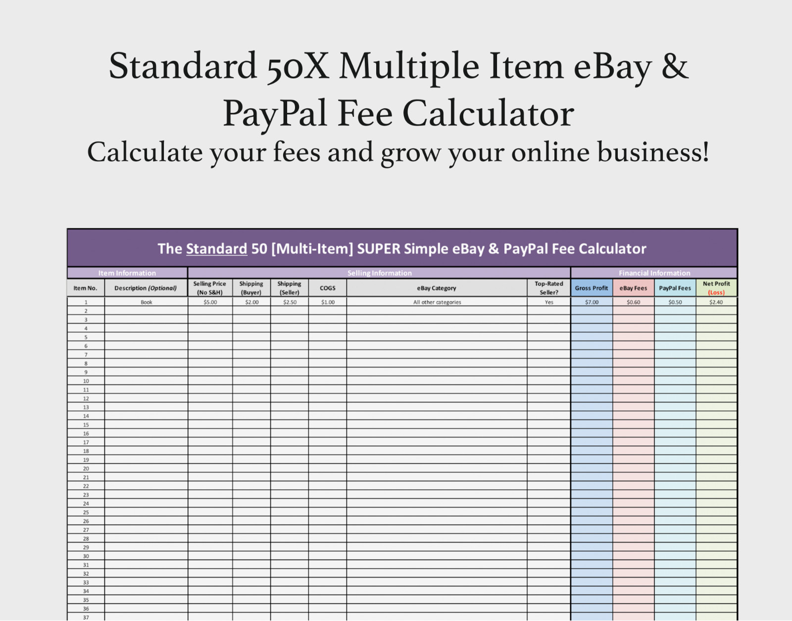 Standard 50X Multiple Item eBay & PayPal Fee Calculator Microsoft Excel + FREE