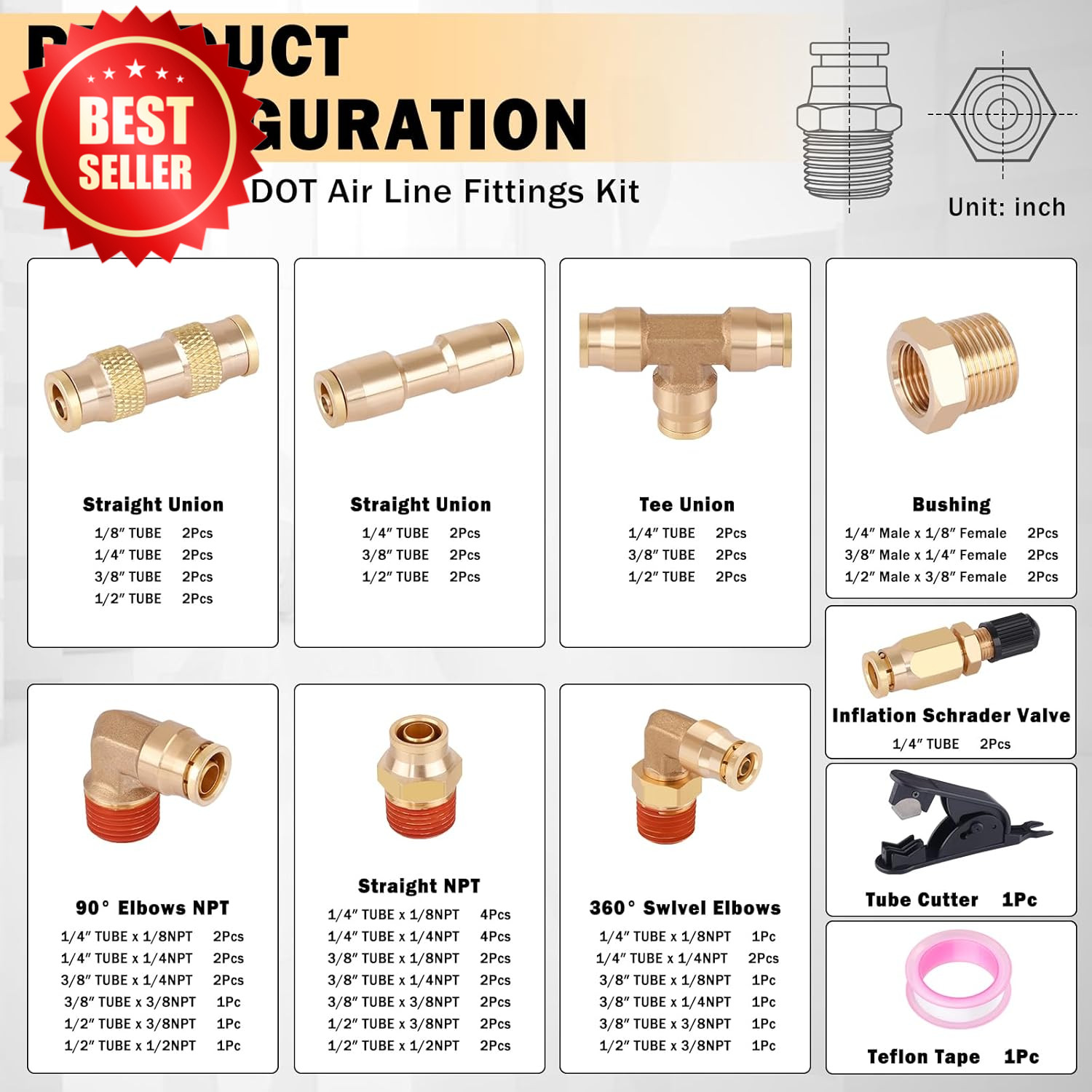 64 Pcs Brass DOT Air Line Fittings Kit Push Lock Quick Connect NPT US