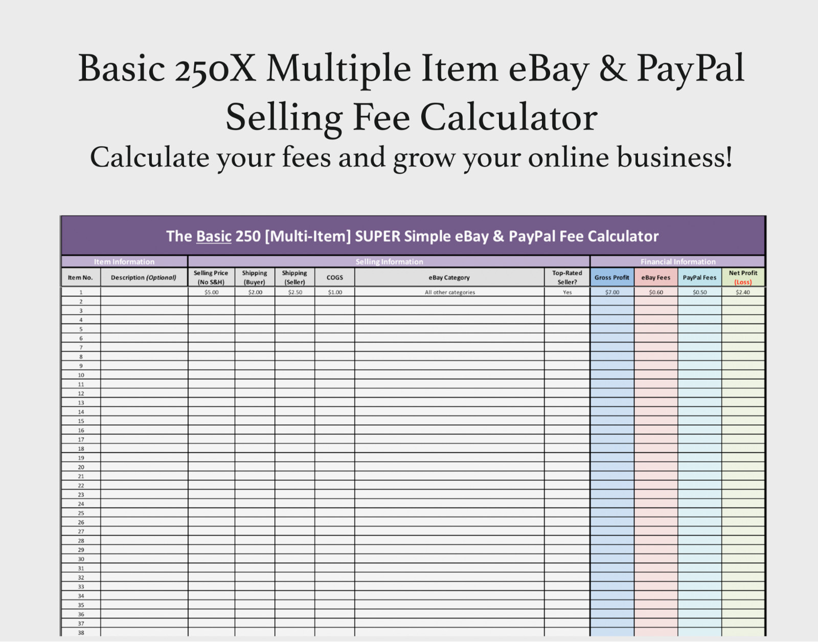 Basic 250X Multiple Item eBay & PayPal Selling Fee Calculator Excel + FREE