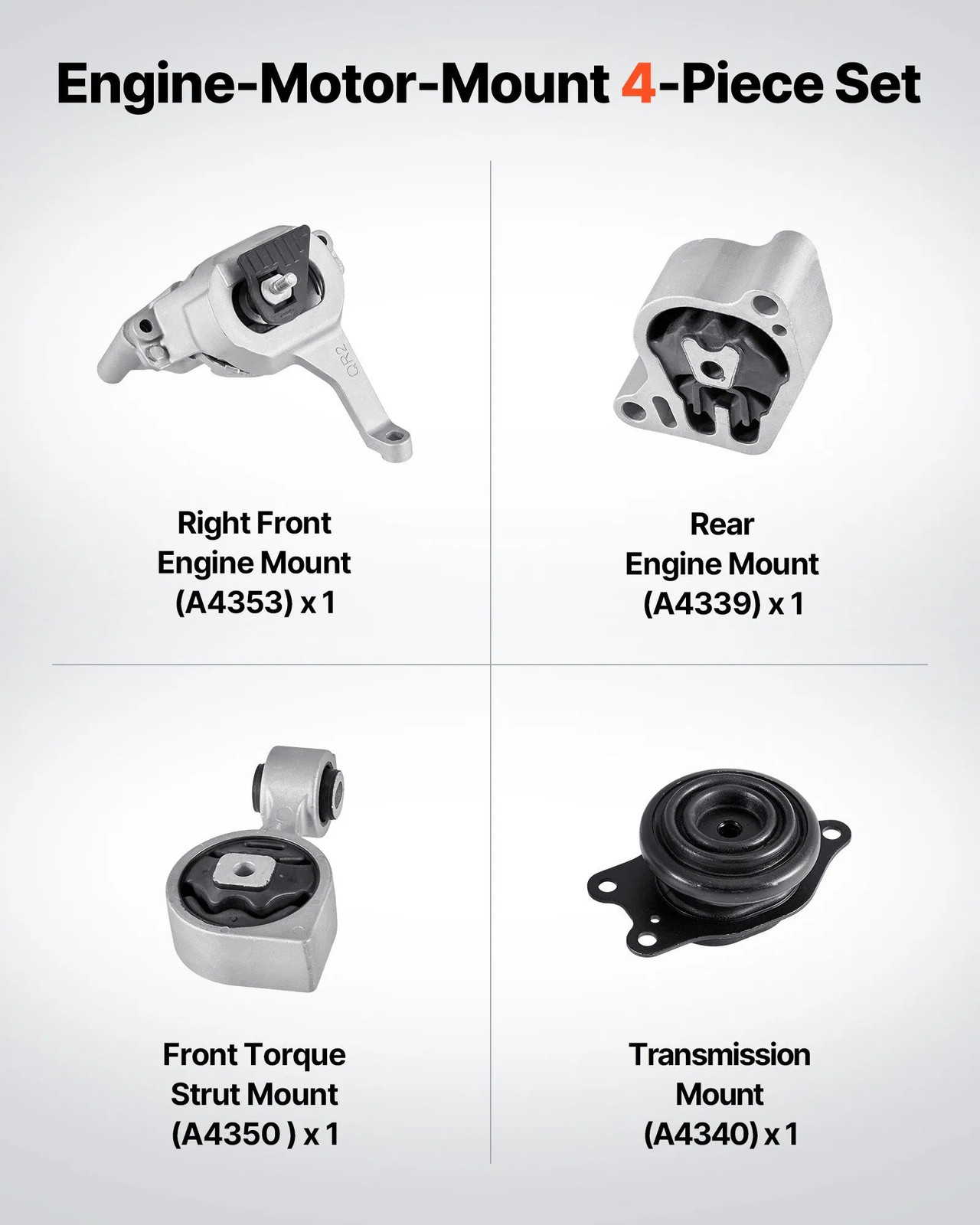 Engine and Transmission Motor Mount Kit Replacement, Set of 4, Compatible with