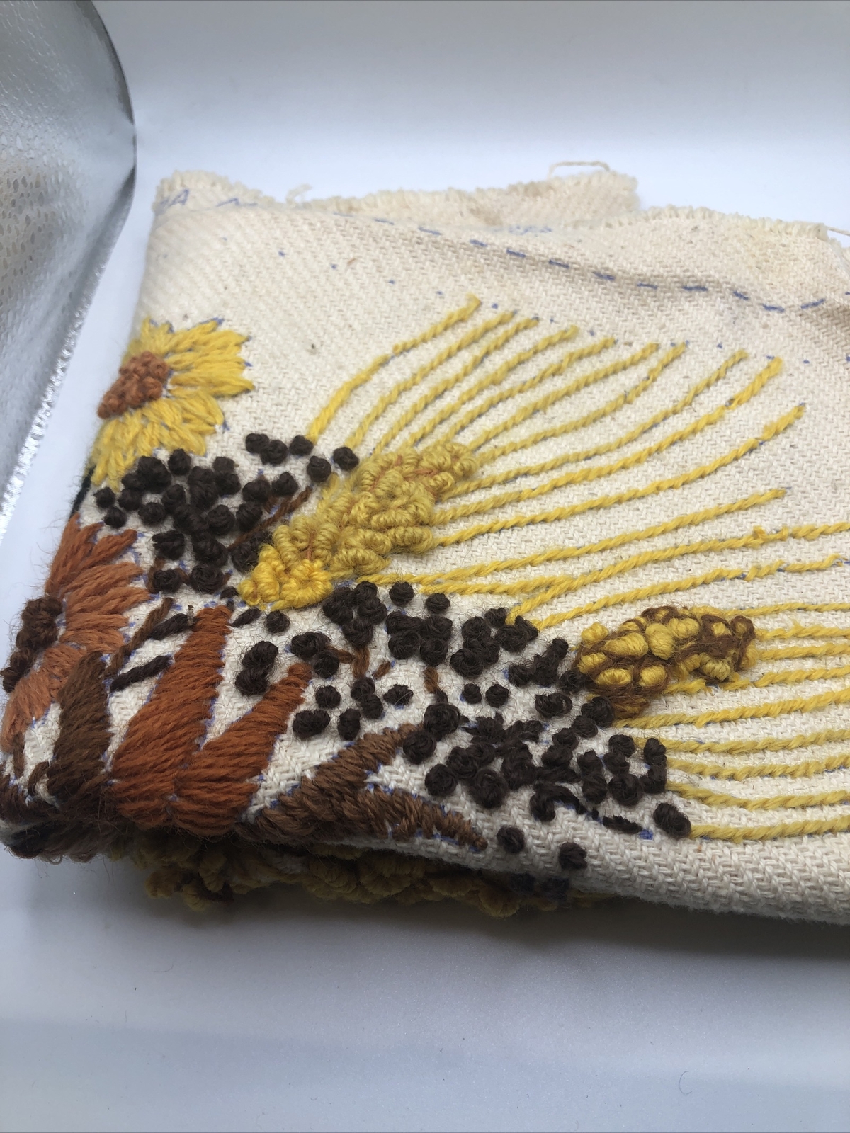 Erica Wilson Crewel Wheat & Flowers Completed Pillow 7312 1973 15”