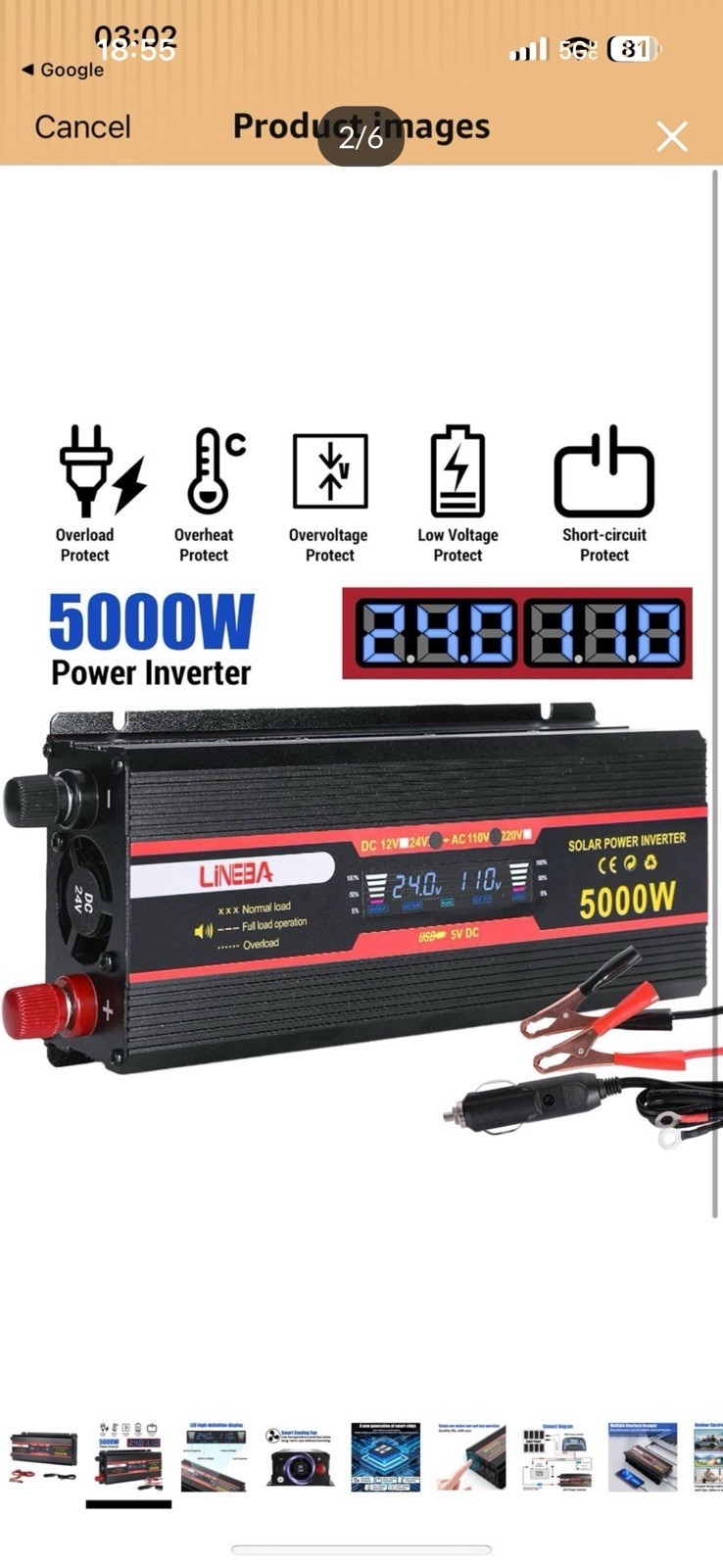Power Inverter 5000W Converter 24V DC to 110V for Car Truck Home AC LCD Outdoor