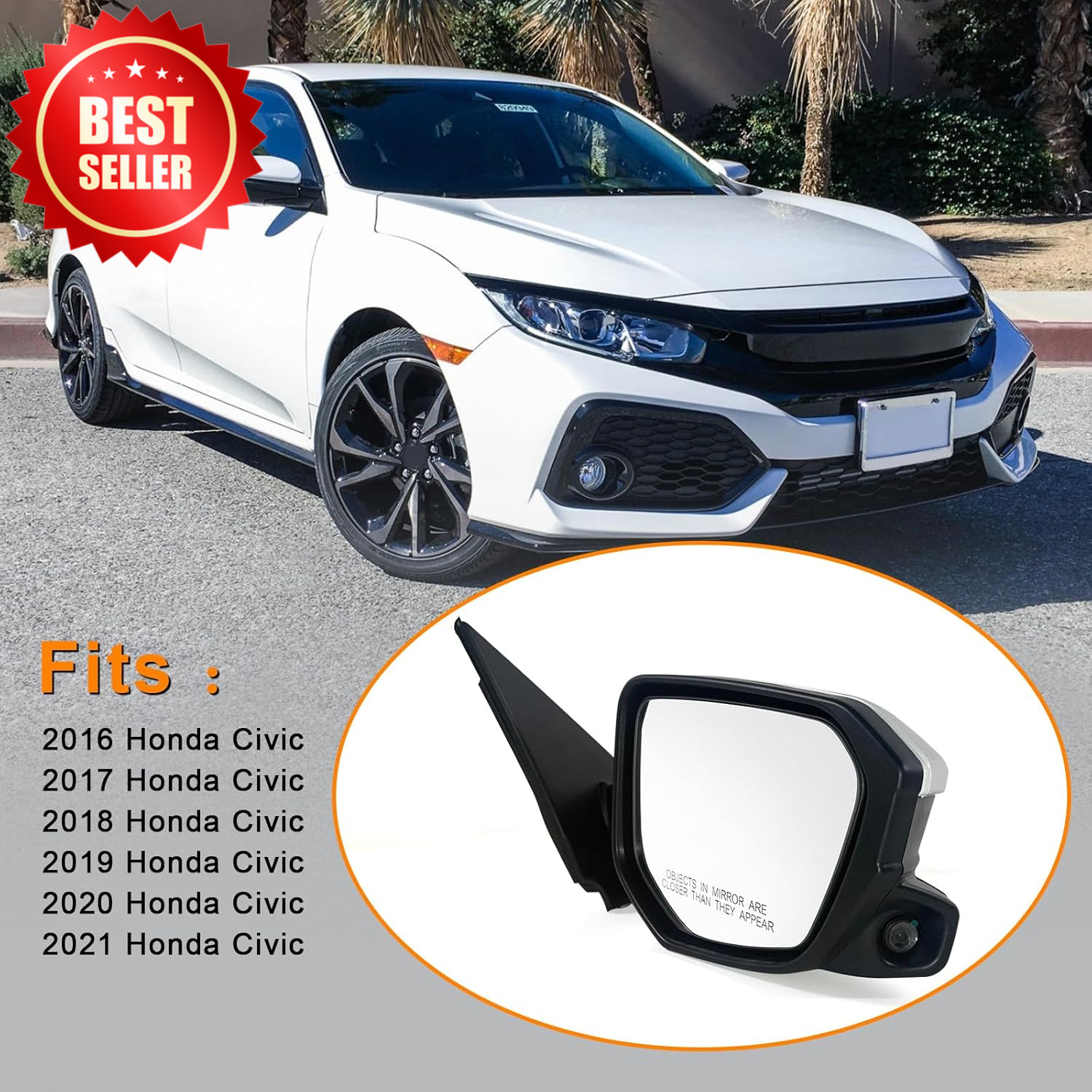 Passenger Door Mirror Power Heated Camera 2016-2021 Civic Sedan Coupe Hatchback