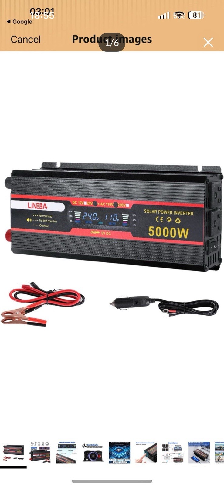 Power Inverter 5000W Converter 24V DC to 110V for Car Truck Home AC LCD Outdoor