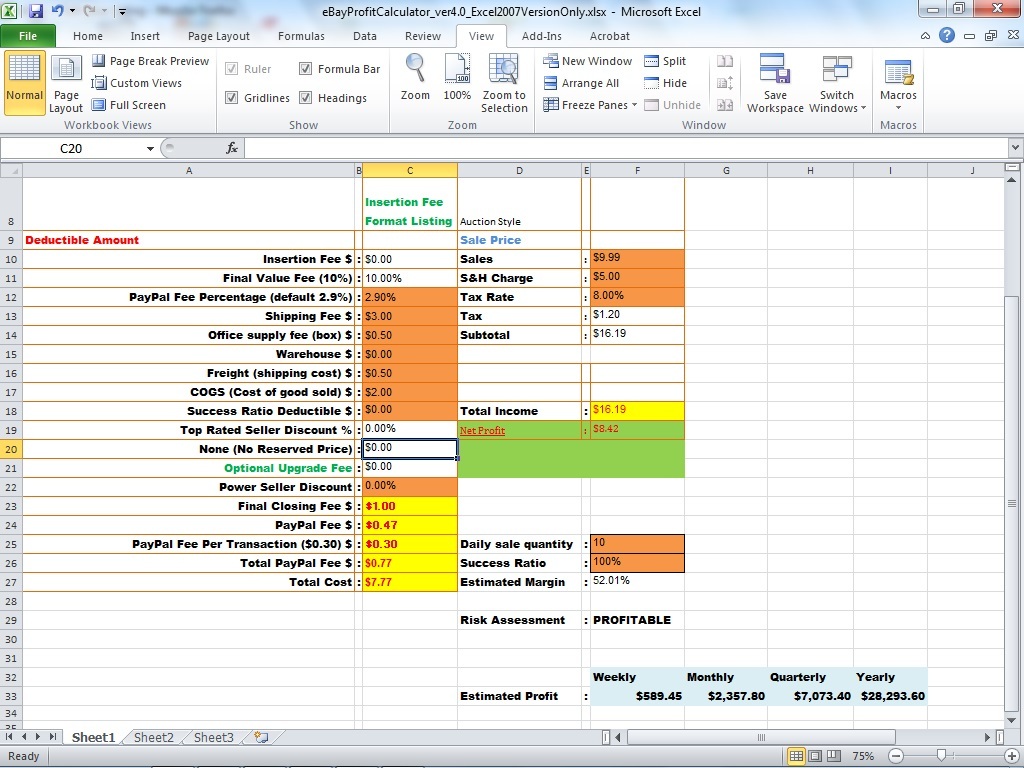 eBay PayPal Fee Profit Calculator Selling Tool Excel