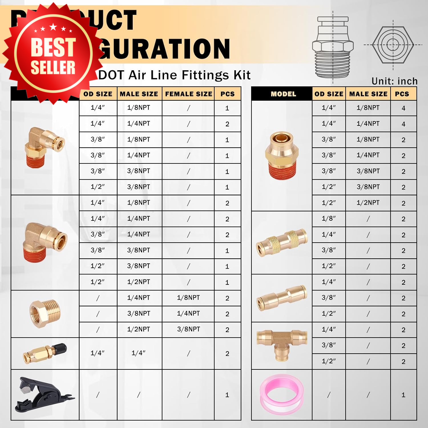64 Pcs Brass DOT Air Line Fittings Kit Push Lock Quick Connect NPT US