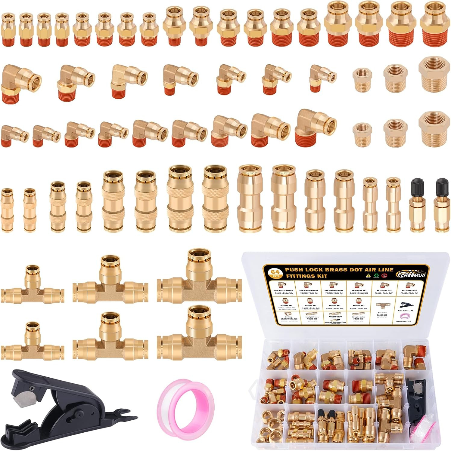 64 Pcs Brass DOT Air Line Fittings Kit Push Lock Quick Connect NPT US