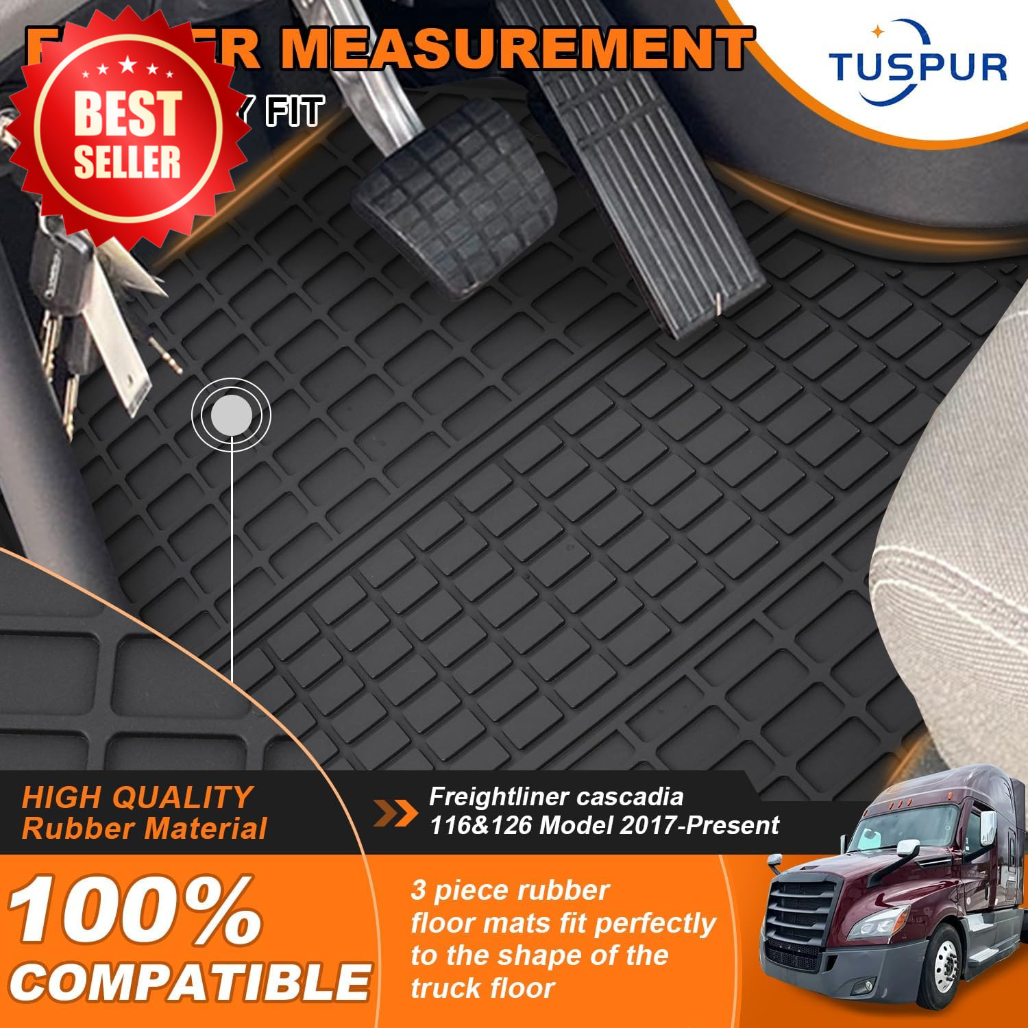 3pc Cascadia Floor Mats 18-23 Heavy Duty All-Weather Rubber Truck Liner US