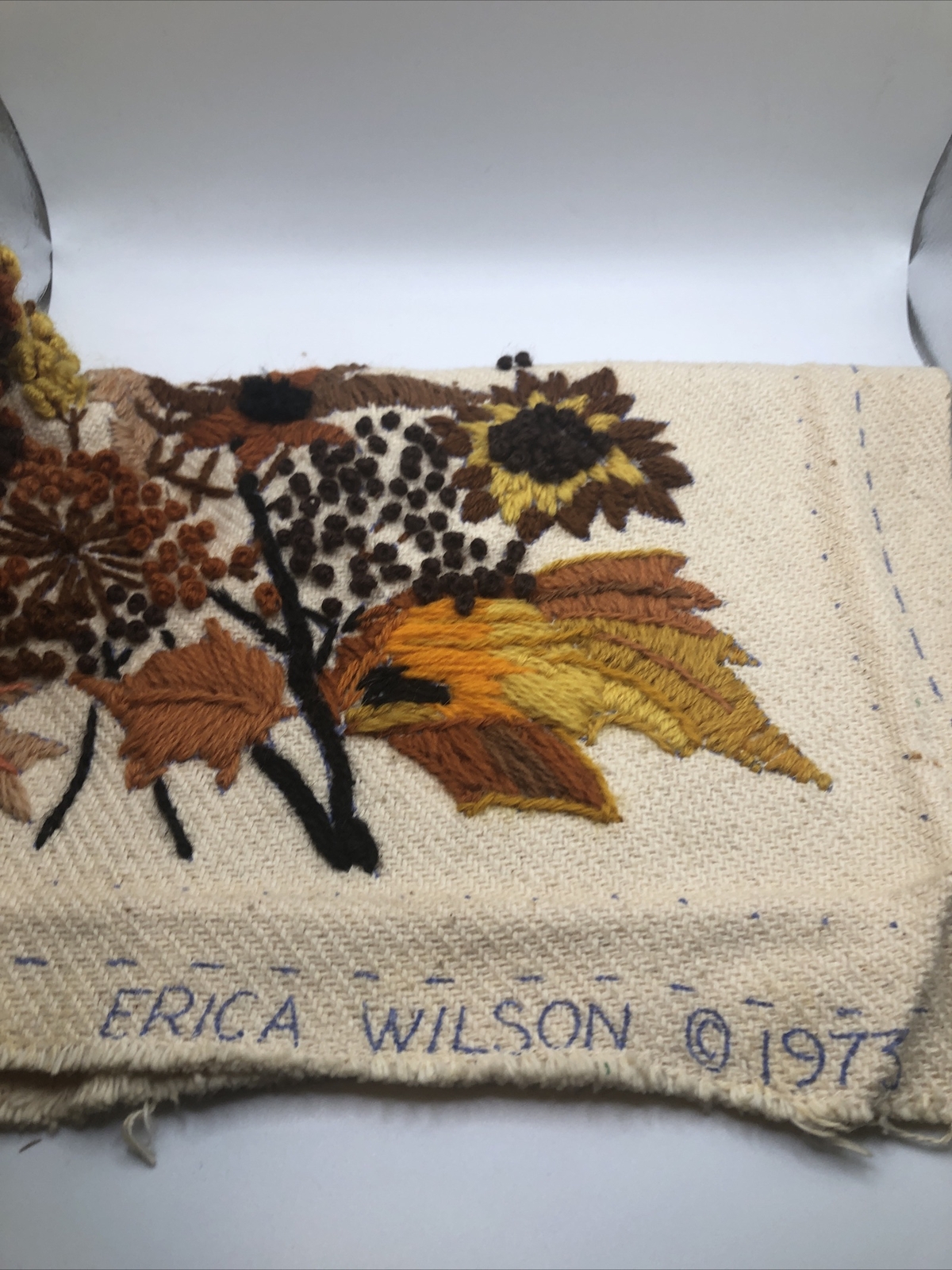 Erica Wilson Crewel Wheat & Flowers Completed Pillow 7312 1973 15”