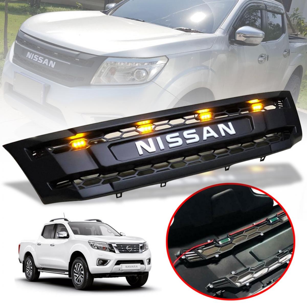 Front Grille Matte Black White Logo Amber LED For Nissan Navara NP300 D23 14-19
