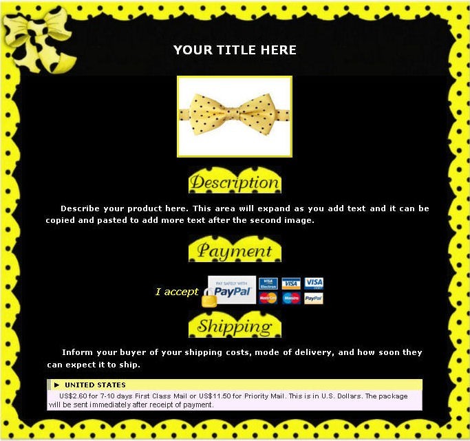 AUCTION TEMPLATE Polka Dots Yellow Design Border – FREE Email SHIPPING