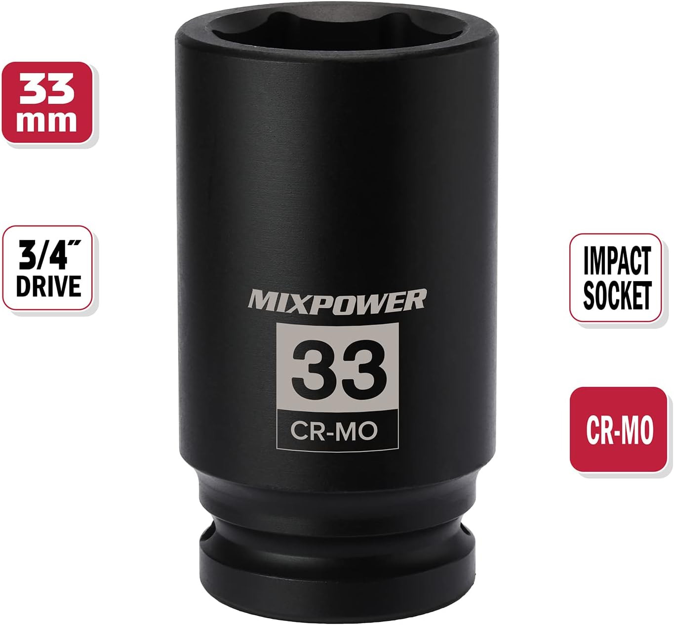 6-Point 3/4-Inch Drive Deep Impact Socket- 33Mm (Metric), CR-MO, 3/4-Inch Drive