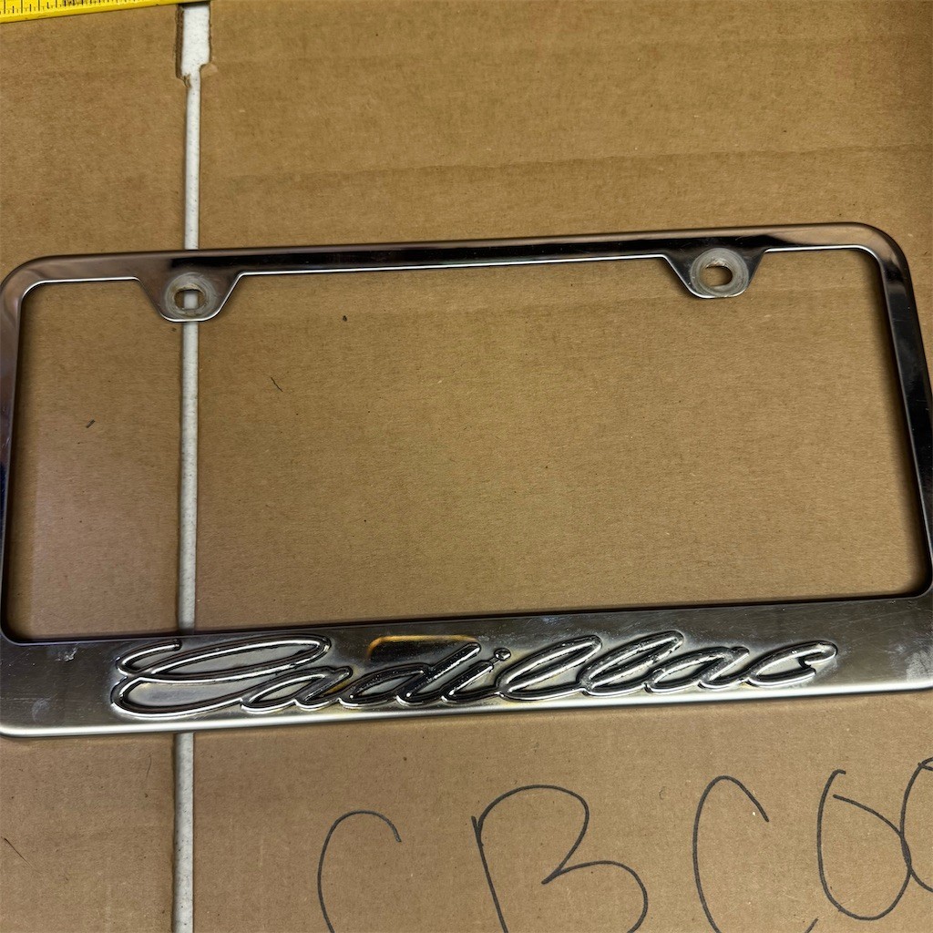 Cadillac License Plate Frame Chrome Finish Raised Script Logo Emblem