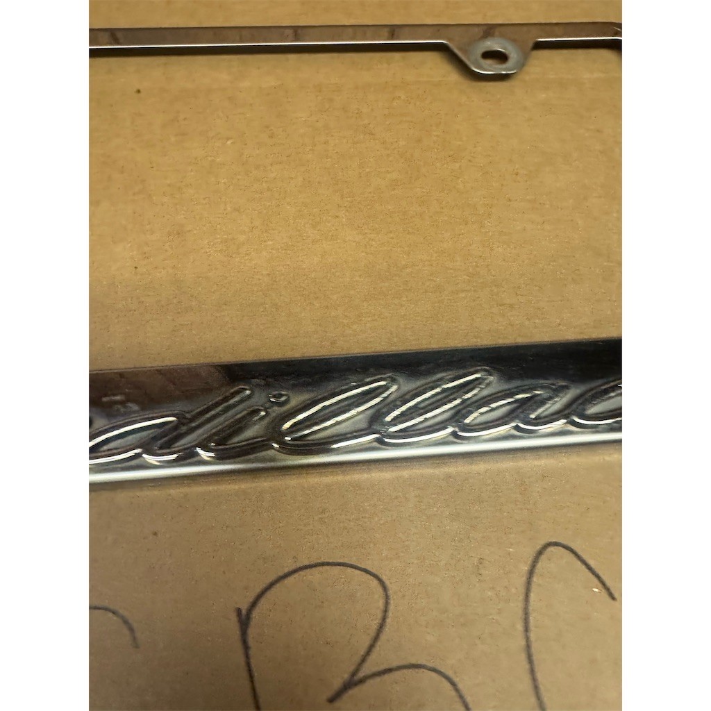 Cadillac License Plate Frame Chrome Finish Raised Script Logo Emblem