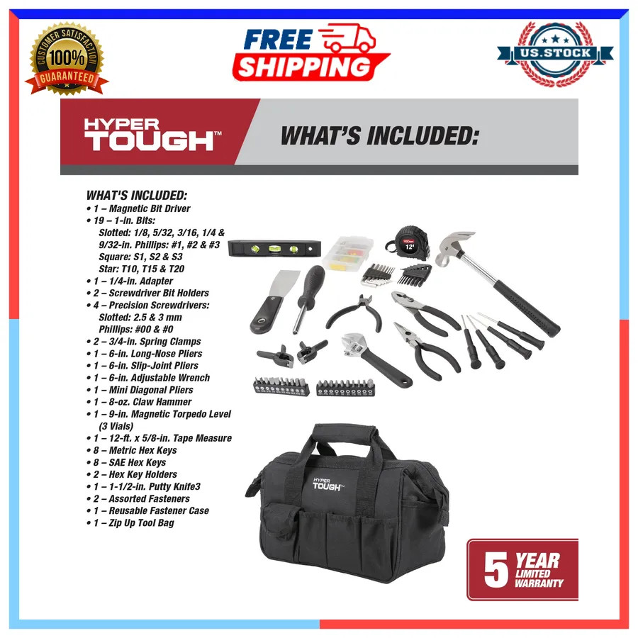 Hyper Tough 89-Piece Household Tool Set with 12-Pocket Storage Bag