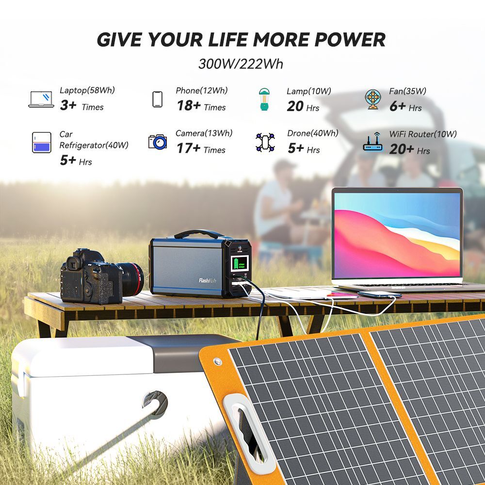 300W Solar Generator, FlashFish 60000mAh Portable Power Station Camping Potable