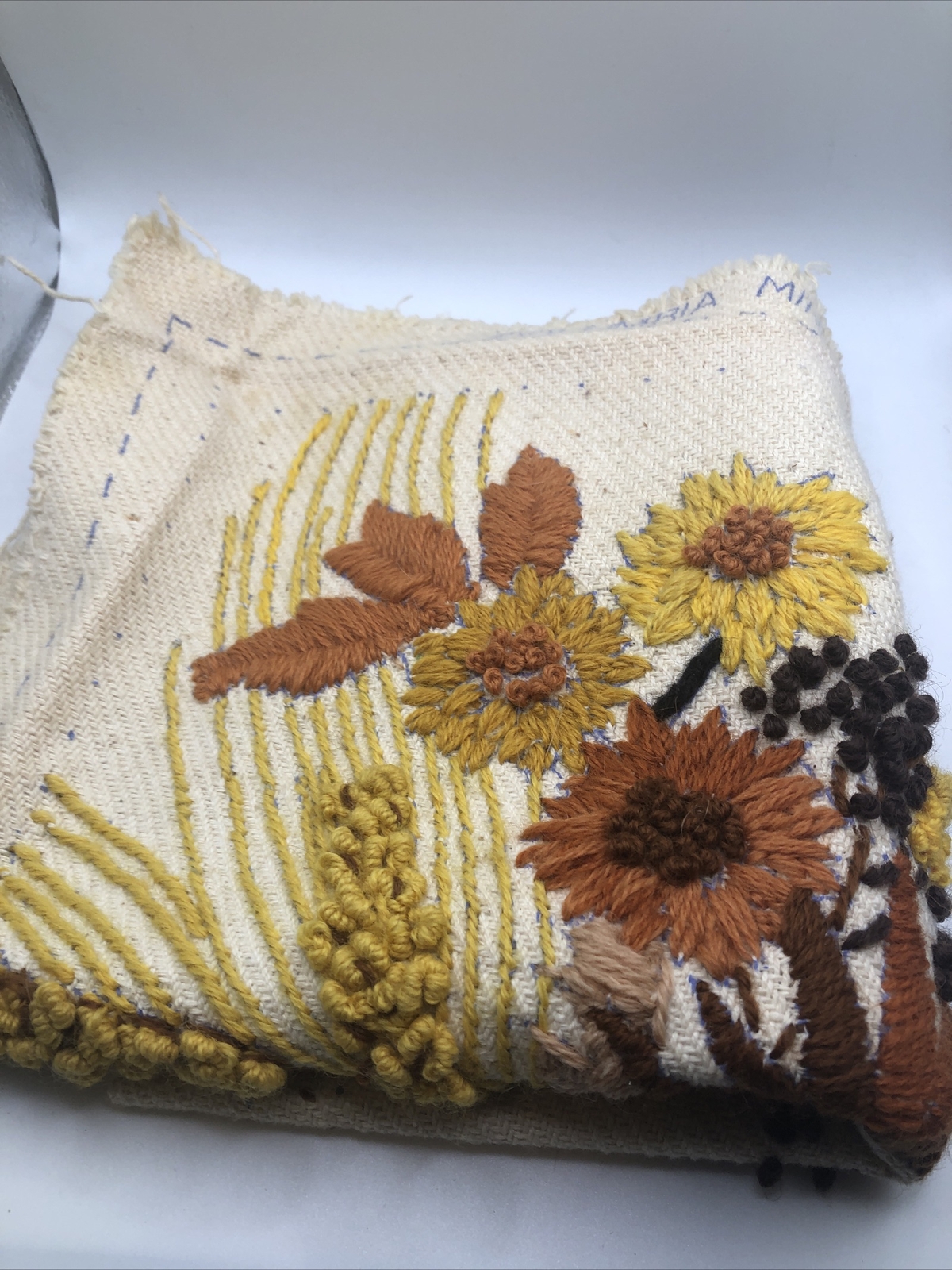 Erica Wilson Crewel Wheat & Flowers Completed Pillow 7312 1973 15”