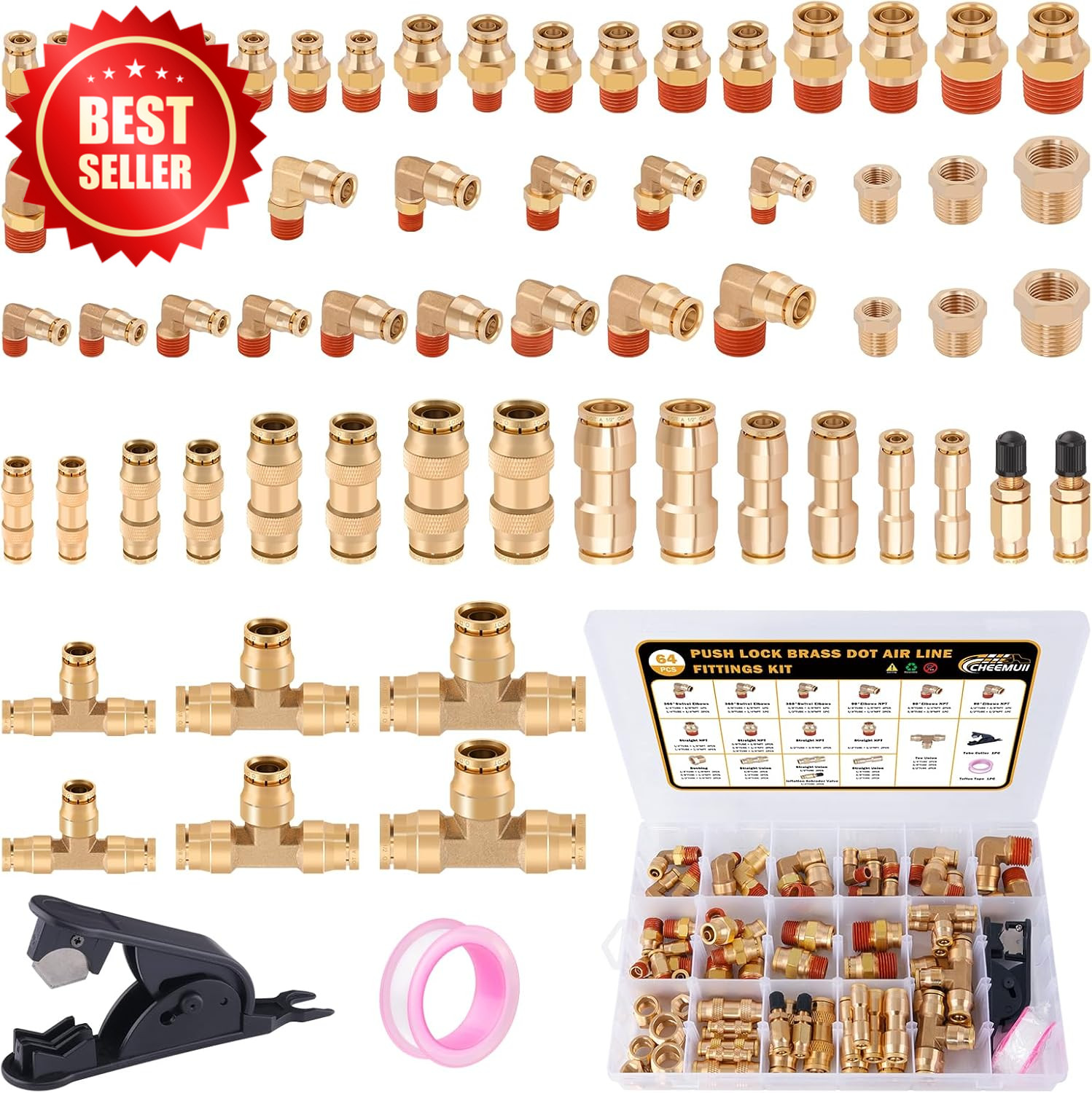 64 Pcs Brass DOT Air Line Fittings Kit Push Lock Quick Connect NPT US