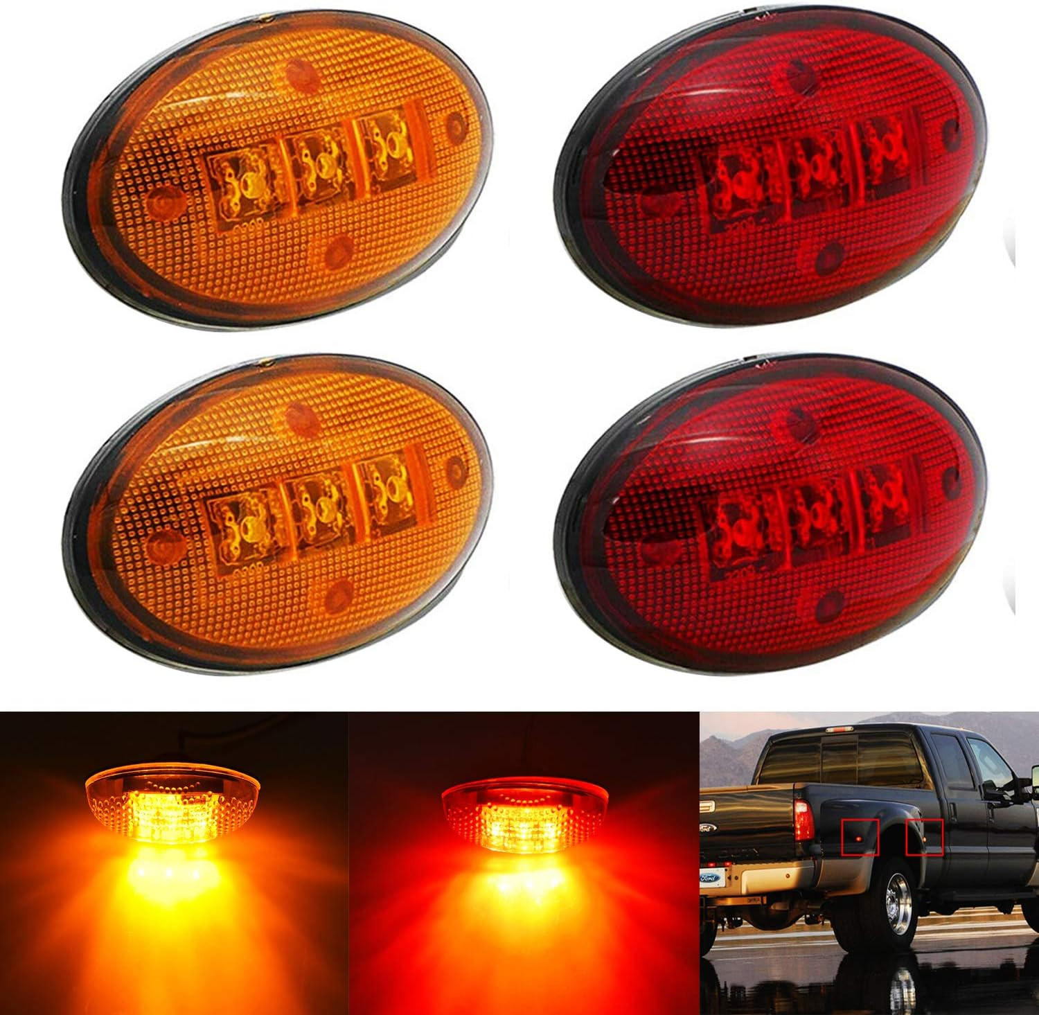 Bed Fender Side Marker LED Light Ford 1999-2020 F250-550 (2PCS Red + 2PCS Amber)