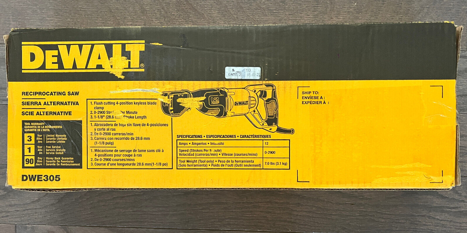 NEW DEWALT RECIPROCATING SAW DWE305