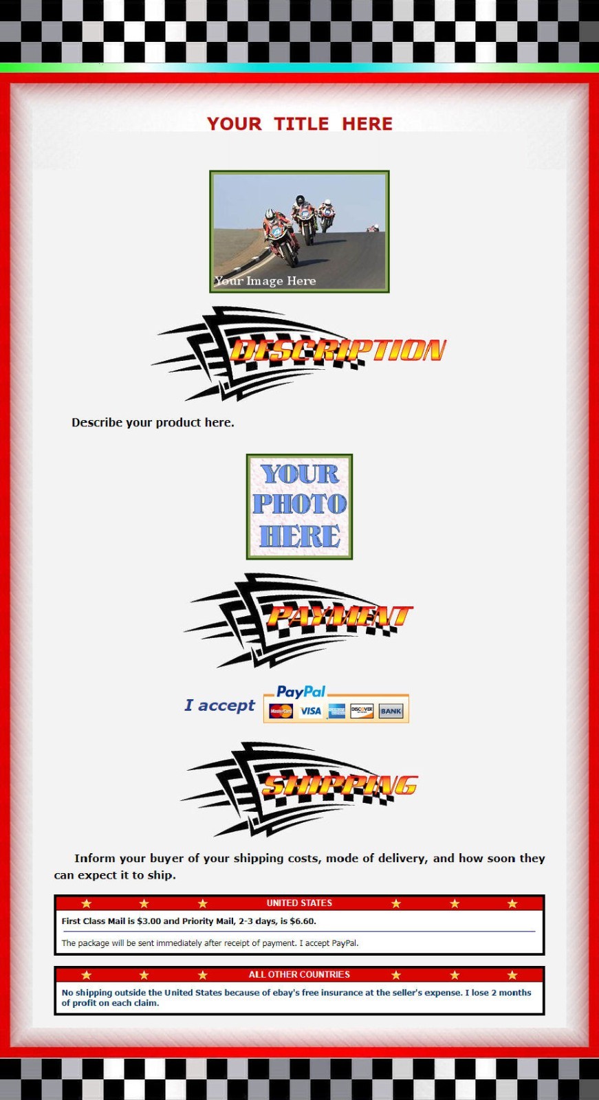 AUCTION TEMPLATE Automotive Racing Design Border – FREE Email Shipping