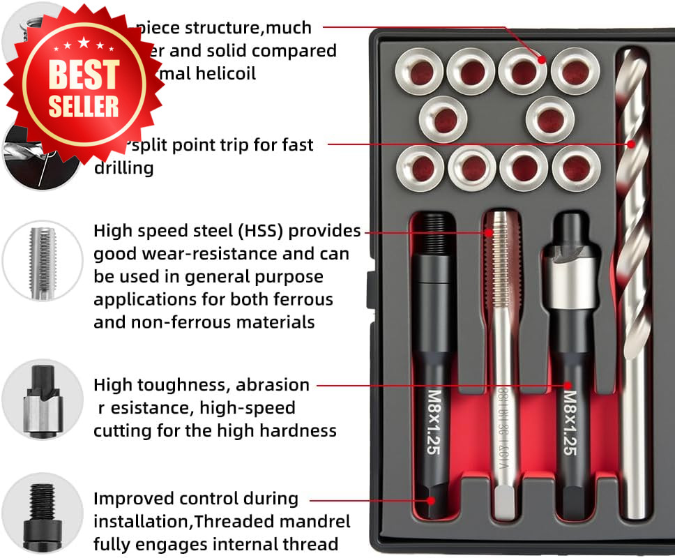 M8x1.25 Thread Repair Kit HSS Drill Tap 10pc Stainless Steel Insert US