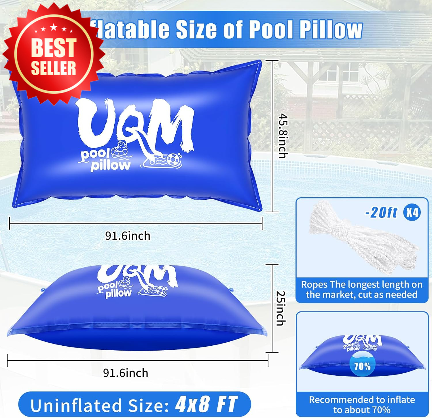 4x8Ft Pool Pillow Above Ground Cold-Resistant Winterizing Kit 4X20Ft Rope US