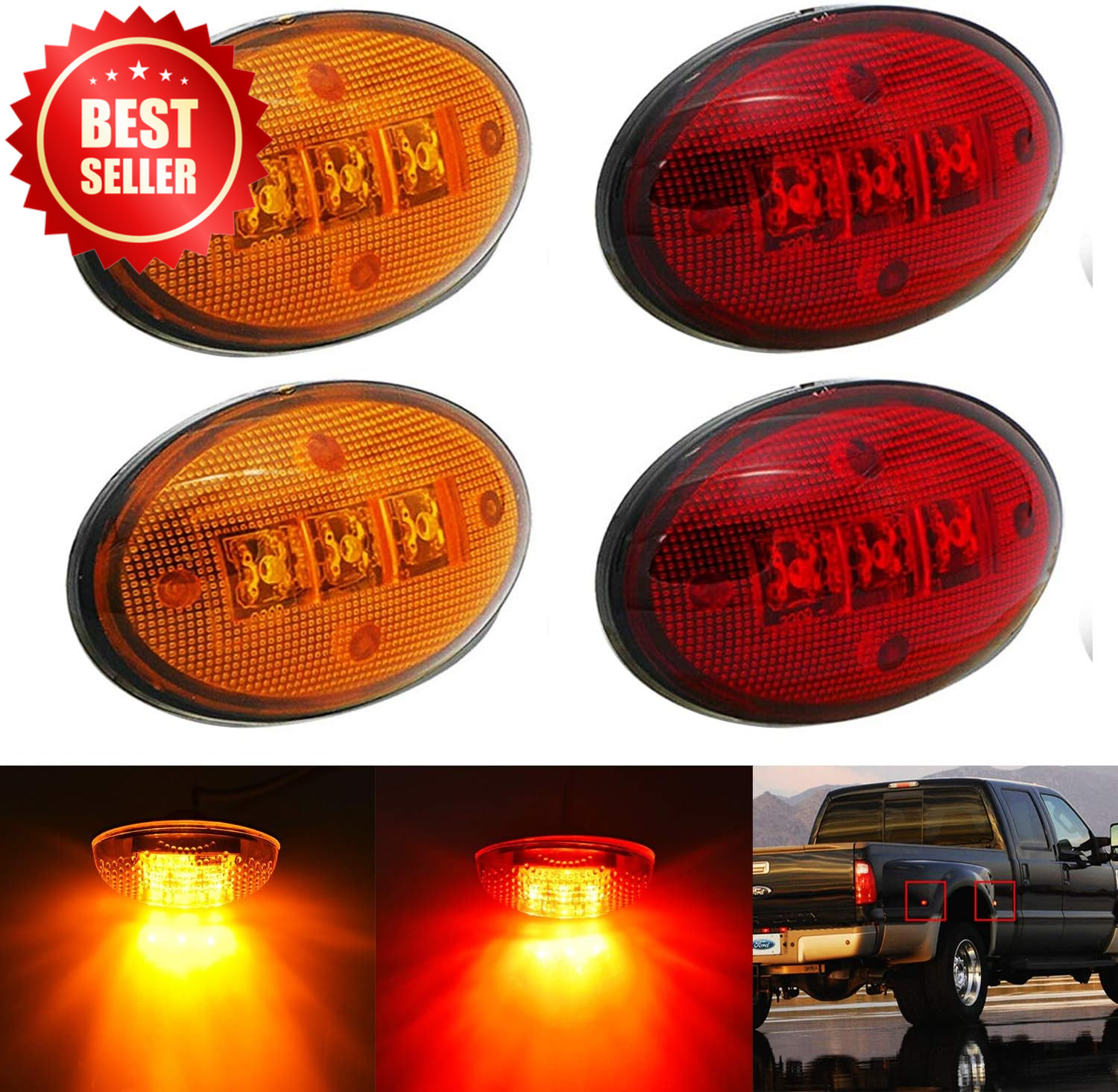 Bed Fender Side Marker LED Light Ford 1999-2020 F250-550 (2PCS Red + 2PCS Amber)