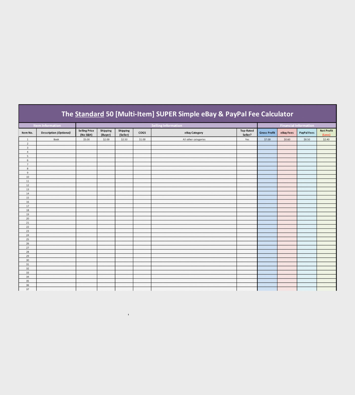 Standard 50X Multiple Item eBay & PayPal Fee Calculator Microsoft Excel + FREE