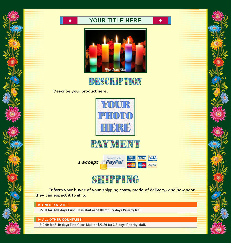 AUCTION TEMPLATE Garden Flowers Design Border Green Yellow with FREE SHIPPING