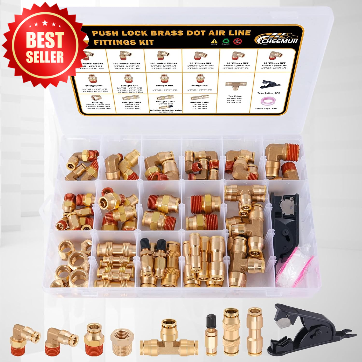 64 Pcs Brass DOT Air Line Fittings Kit Push Lock Quick Connect NPT US