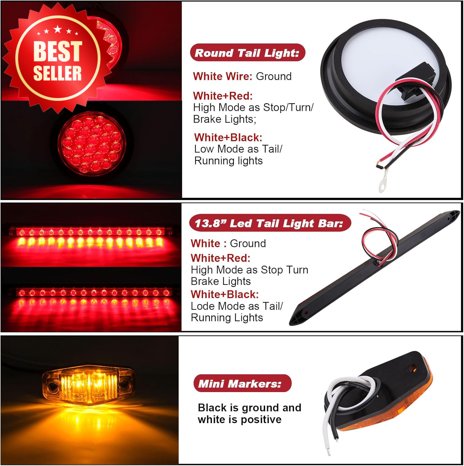 4″ Round LED Trailer Tail Lights Kit 3RD Brake Bar Marker 25ft Harness US