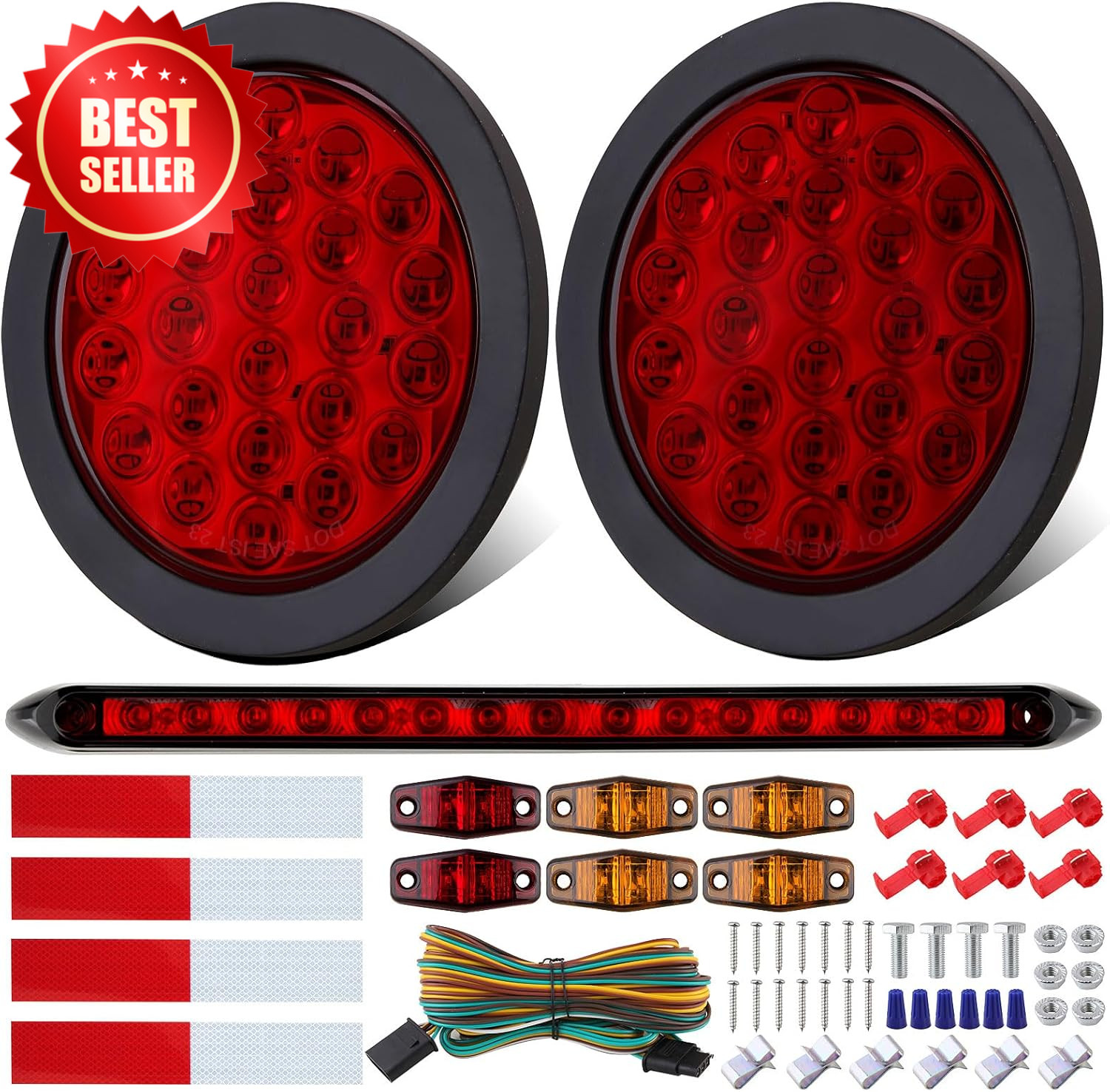 4″ Round LED Trailer Tail Lights Kit 3RD Brake Bar Marker 25ft Harness US