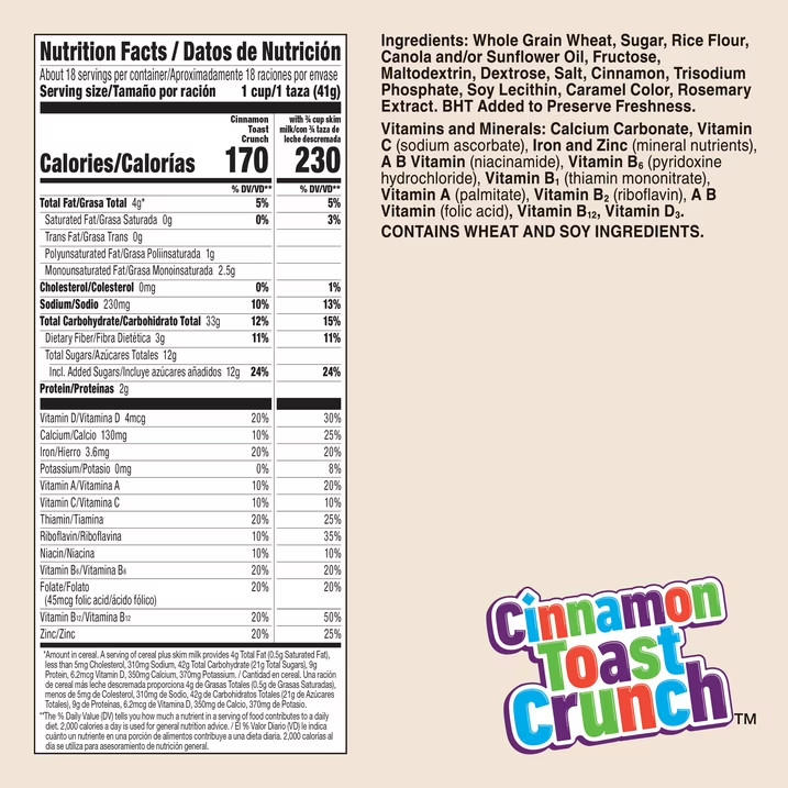 Cinnamon Toast Crunch Breakfast Cereal, Crispy Cinnamon Cereal, Mega Size, 27 oz