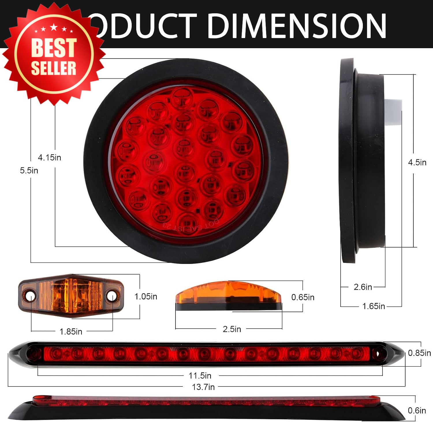 4″ Round LED Trailer Tail Lights Kit 3RD Brake Bar Marker 25ft Harness US