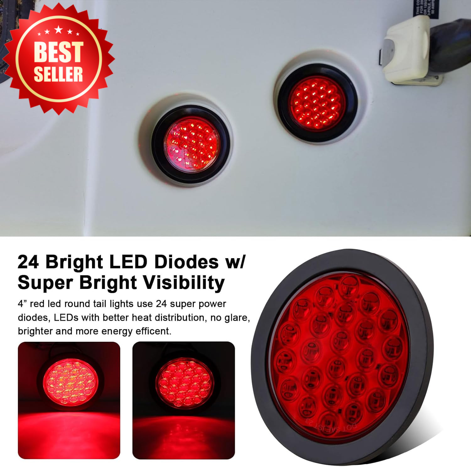 4″ Round LED Trailer Tail Lights Kit 3RD Brake Bar Marker 25ft Harness US