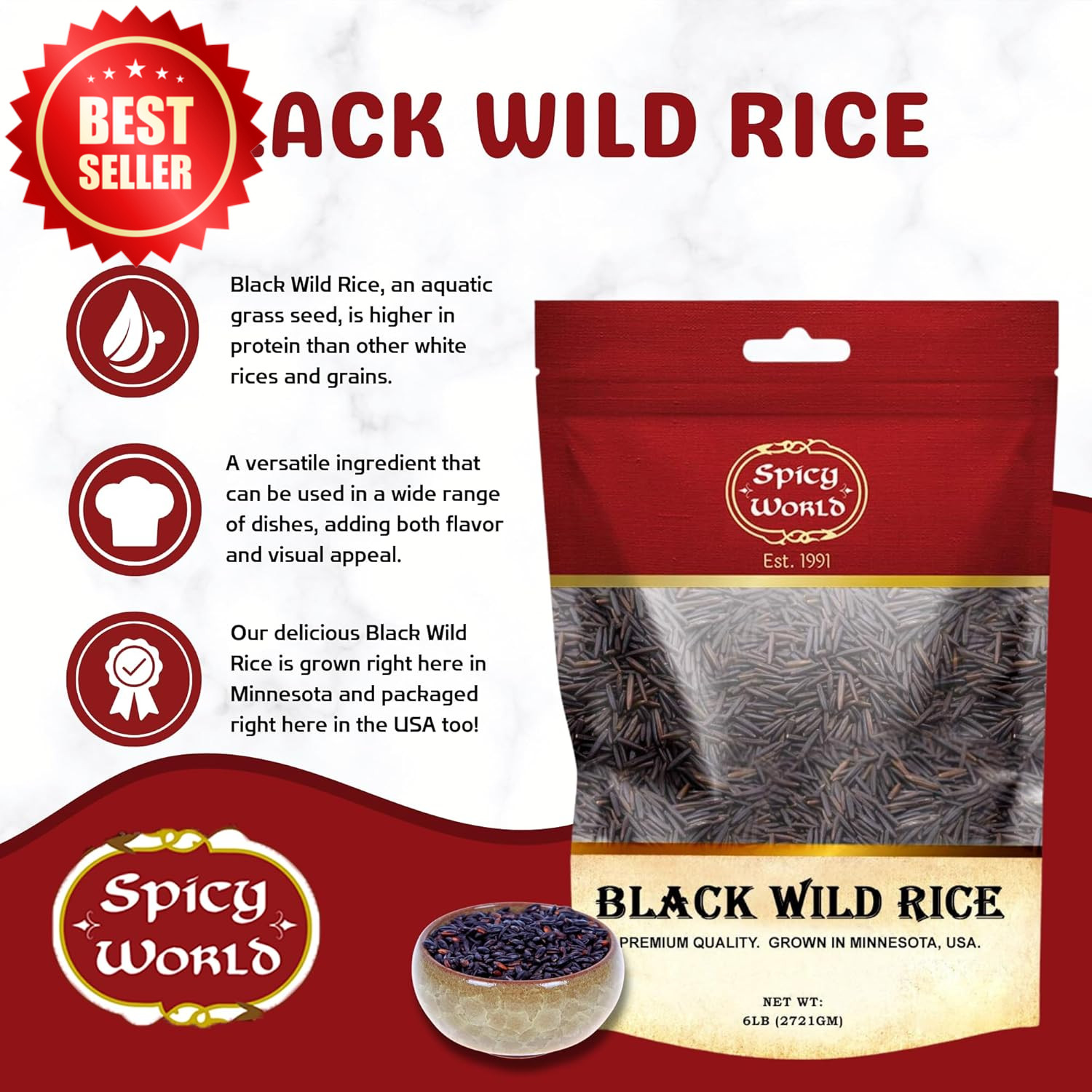 Minnesota Grown Black Wild Rice 6 Pound Bag – Premium Quality, All Natural – by