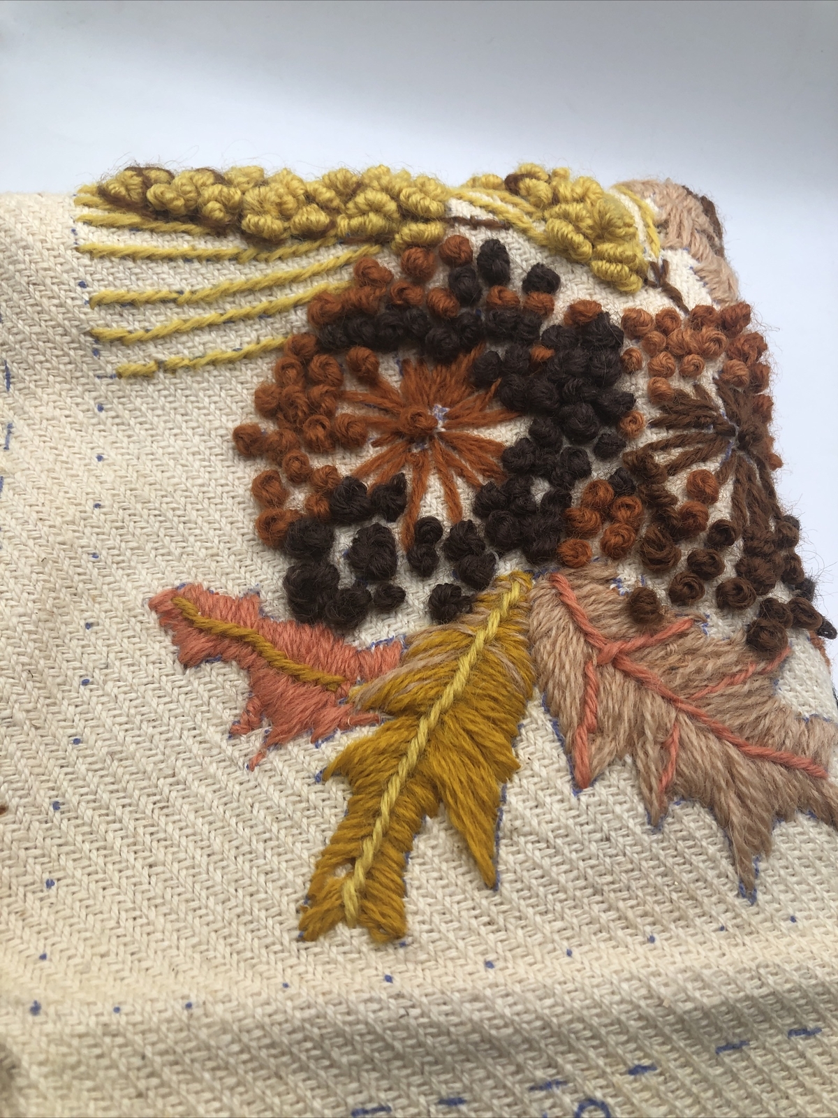 Erica Wilson Crewel Wheat & Flowers Completed Pillow 7312 1973 15”