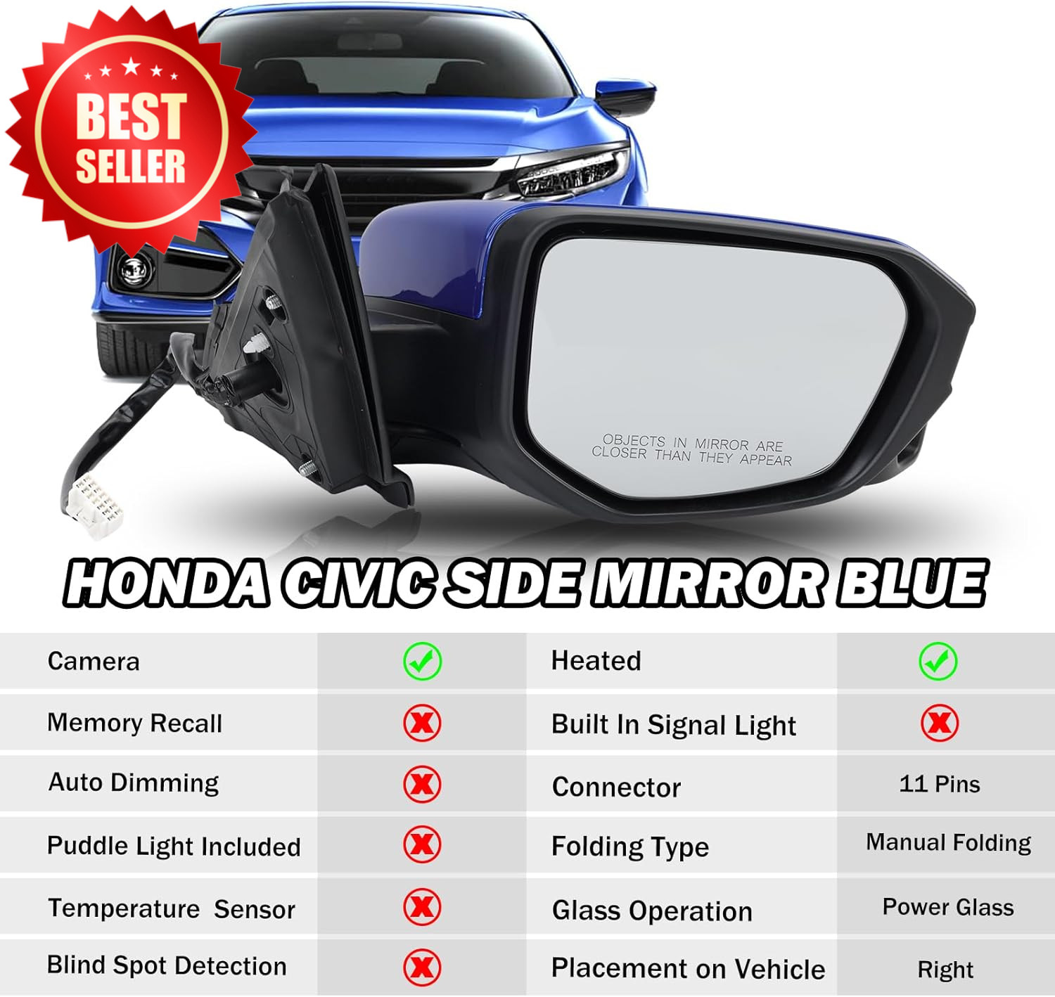 Passenger Side Mirror Camera Power Heated 2016-2021 Civic Sedan Coupe Hatchback