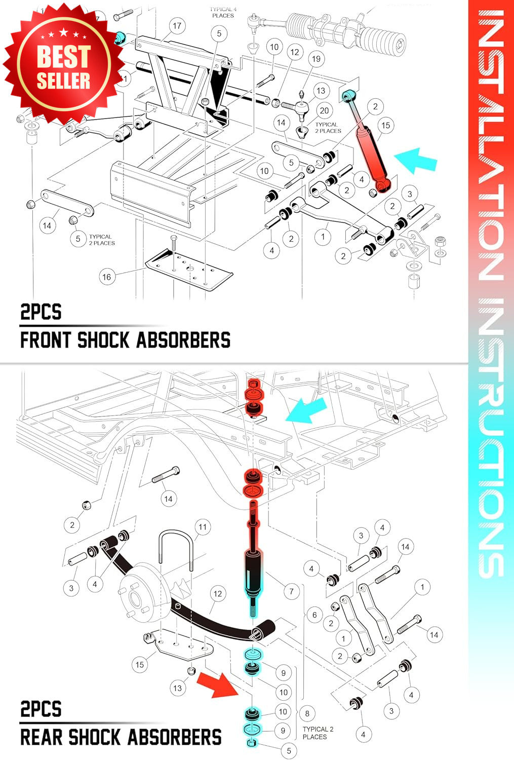 Golf Cart Front Rear Shock Absorbers G&E 1988-Up 2004-Up US
